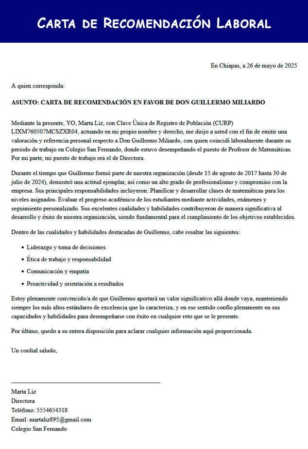 Carta de recomendación laboral de una escuela