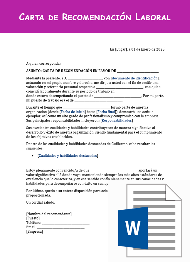 Formato de Carta de Recomendación Laboral Word