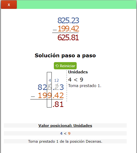 Ejemplo de resta con llevadas