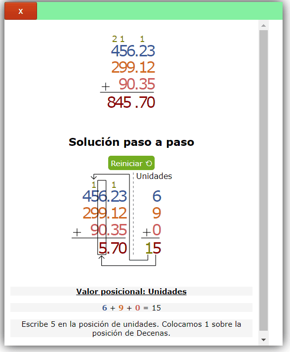 Ejemplo de suma con llevada